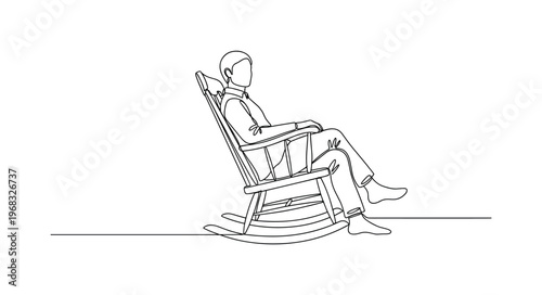 Cozy Rocking Chair. Minimalistic one-line drawing person sitting in wooden rocking chair, continuous single black line on white background, simple outline