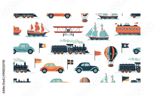 transport history patterns seamless pattern, repeating pattern, surface design, textile print, modern illustration of vintage automobiles, ships, biplanes,