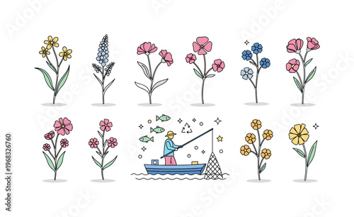 Wildflower Collection. Minimalistic one-line drawing assortment of wildflowers arranged naturally with stems, continuous single black line on white background,