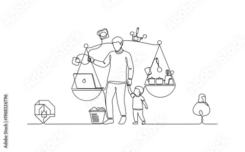 Daily Life Balance. Minimalistic one-line drawing individual balancing laptop work and household tasks with child, continuous single black line on white