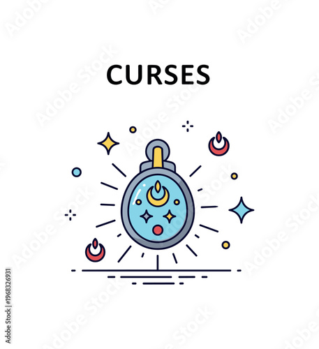 Curses haunted relic scene where a glowing amulet radiates energy while small sparkle and star icons emphasize supernatural influence, mystery, and forbidden