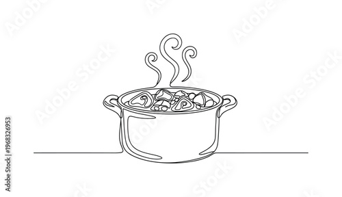 Braised Meats. Minimalistic one-line drawing pot with braised meat and steam rising, continuous single black line on white background, simple outline style, no