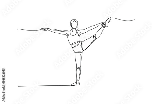 Balance and Strength. Minimalistic one-line drawing individual doing gentle standing leg lifts, continuous single black line on white background, simple