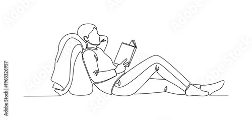 Relaxed Book Reading. Minimalistic one-line drawing individual leaning back with open book, continuous single black line on white background, simple outline