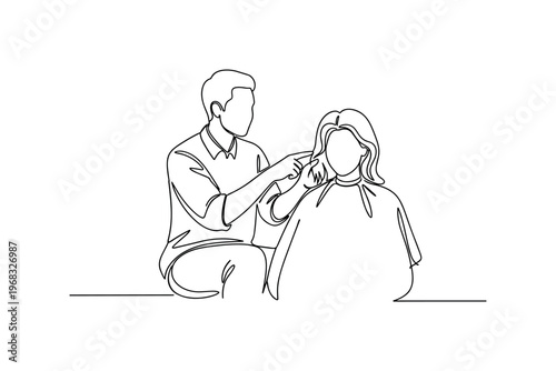 Client Hair Advice. Minimalistic one-line drawing hair stylist pointing to client's hair while seated, continuous single black line on white background, simple