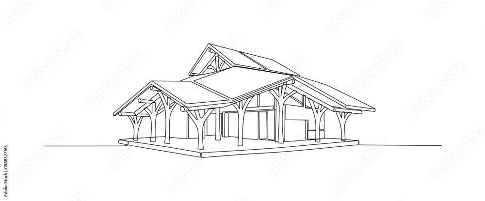 Fototapeta premium Renewable Materials in Design. Minimalistic one-line drawing structure using biodegradable panels and natural supports, continuous single black line on white