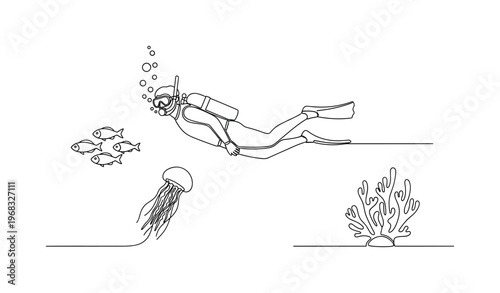 Aquatic Explorer. Minimalistic one-line drawing scuba diver moving through underwater environment with marine life, continuous single black line on white