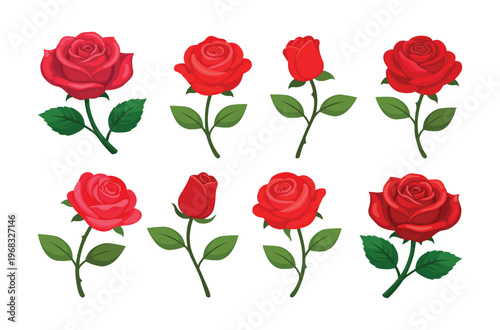 Red rose vector illustration with detailed petals and green leaves, isolated on white. Clean, modern floral graphic perfect for Valentine’s Day, wedding invitations, romance themes, branding, and prin