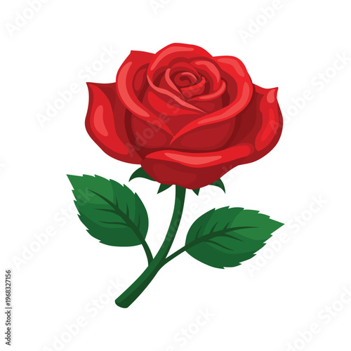 Red rose vector illustration with detailed petals and green leaves, isolated on white. Clean, modern floral graphic perfect for Valentine’s Day, wedding invitations, romance themes, branding, and prin
