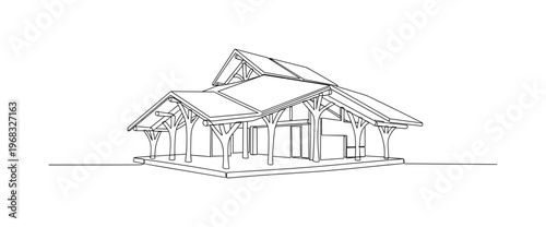 Renewable Materials in Design. Minimalistic one-line drawing structure using biodegradable panels and natural supports, continuous single black line on white