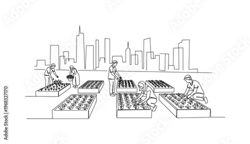 Urban Farming. Minimalistic one-line drawing individuals tending to vegetable beds in city environment, continuous single black line on white background,
