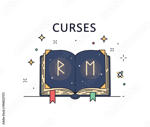 Curses dark mystical scene where an ancient book lies open with glowing runes while small sparkle and star icons emphasize mystery, magic, and forbidden