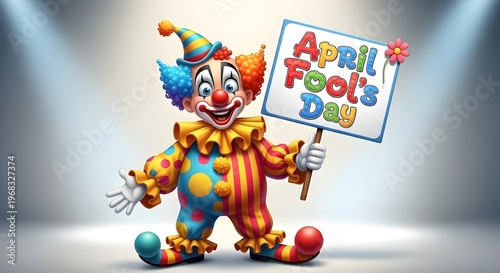 Clown Holding April Fool's Day Sign with Big Smile
