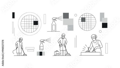 sanitation measures circular grids abstract blocks and thin spray icons detailed monochrome hospital cleaning staff ensuring sterilized surfaces and safe