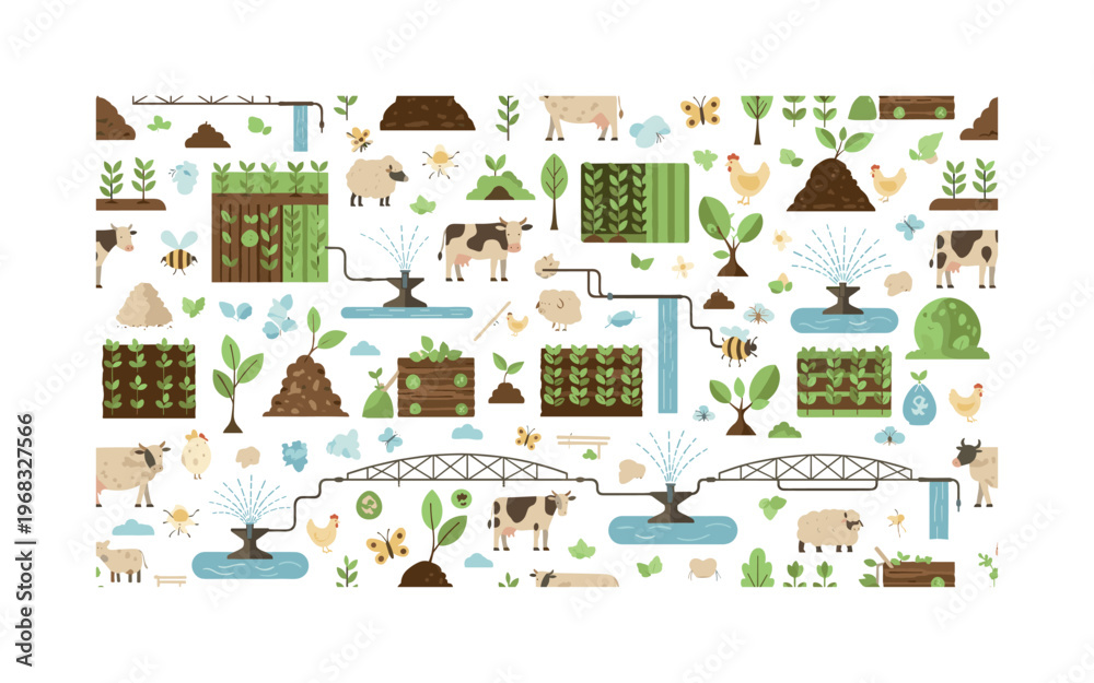 Fototapeta premium eco-agriculture motifs seamless pattern, repeating pattern, surface design, textile print, modern illustration of crop fields, compost piles, farm animals,