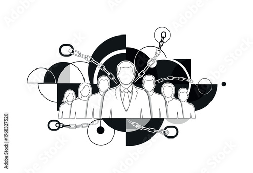 trust-building geometric circles semicircles and abstract chain icons realistic black and white leader building trust and collaboration with team members with