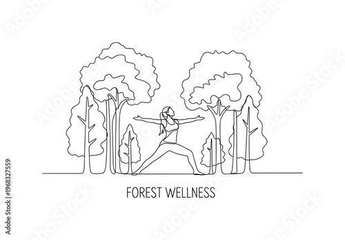 Forest Wellness. Minimalistic one-line drawing person performing yoga with arms extended among trees, continuous single black line on white background, simple