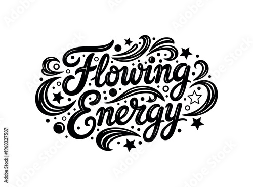 Flowing Energy. lettering and all elements in black. Vector style. AWhite background. Pure white background. Perfect isolation and visual consistency. Grunge