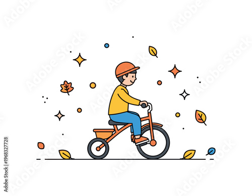 Tricycle ride autumn park scene where a child pedals among fallen leaves while small sparkle and leaf icons emphasize seasonal play, outdoor activity, and