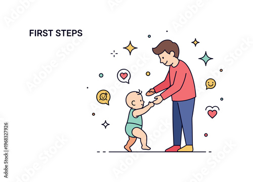 First steps baby milestone group scene where multiple toddlers take steps together while small sparkle and heart icons emphasize community, learning, and early