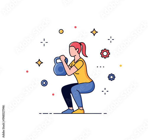Squat kettlebell squat concept where a person holds a kettlebell while performing a squat while tiny sparkle and gear icons highlight strength training, focus,