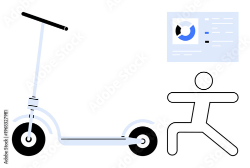 Sustainable transportation. Kick scooter eco-friendly mobility and presented alongside a fitness-focused figure and data visualization. Sustainable transportation supports green living, fitness