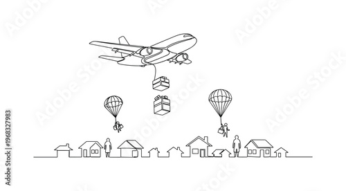 International Relief Scene. Minimalistic one-line drawing plane dropping supplies to communities in need, continuous single black line on white background,