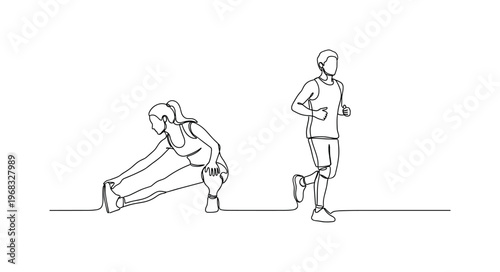 Warm-Up Motion. Minimalistic one-line drawing person doing dynamic stretches and light jogging in place, continuous single black line on white background,