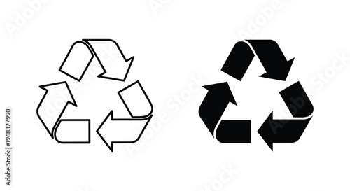 Two recycling symbols one outlined and one solid in black silhouette