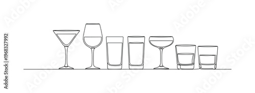 Bar Drinks. Minimalistic one-line drawing row of different types of glasses filled with alcoholic beverages, continuous single black line on white background,