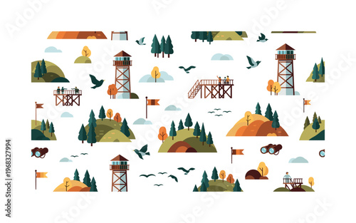 panorama motifs seamless pattern, repeating pattern, surface design, textile print, modern illustration of watchtowers, forests, hills, observation decks,