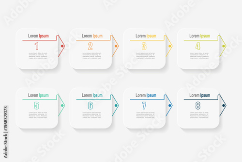 For business concept with 8 steps infographics, white rectangle shape with multicolor label, design for workflow layout, diagram, annual report, web design. vector illustration