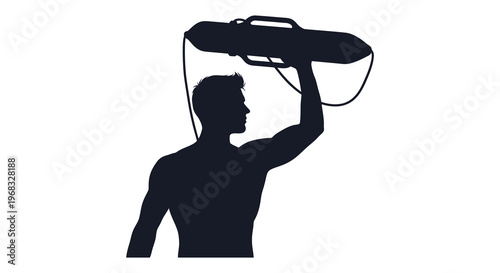 Lifeguard carrying rescue tube above head stark silhouette
