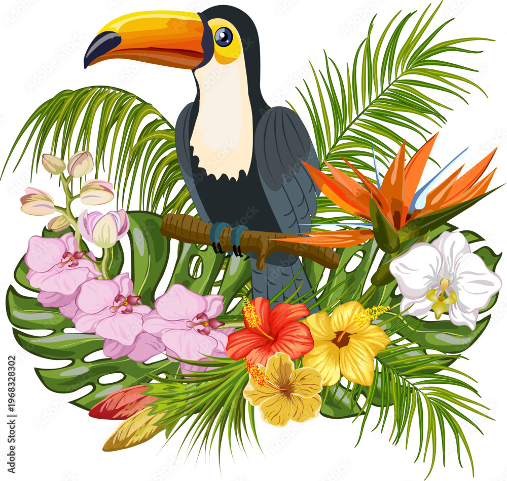 Fototapeta premium A bird with a large beak on a palm branch.Colored vector illustration with tropical flowers and toucan on a transparent background.