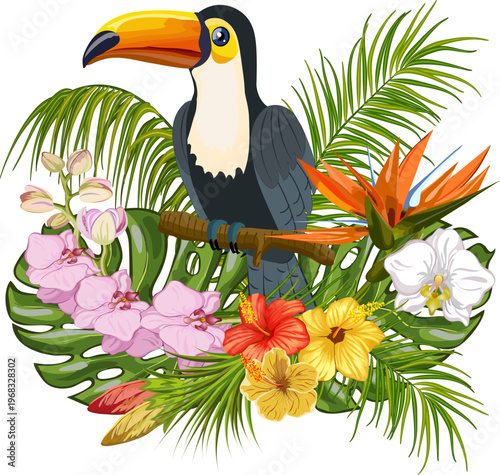 A bird with a large beak on a palm branch.Colored vector illustration with tropical flowers and toucan on a transparent background.