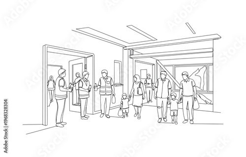 Disaster Relief Scene. Minimalistic one-line drawing volunteers assisting evacuees inside building, continuous single black line on white background, simple