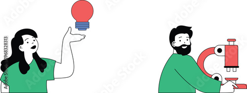 A woman offering a lightbulb idea to a bearded man using a microscope for scientific discovery together