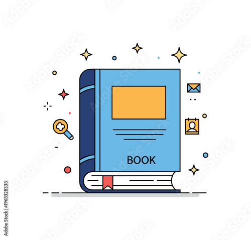 Book hardcover book concept where a closed book displays a vibrant cover while tiny sparkle and star icons highlight storytelling, knowledge, and creativity.
