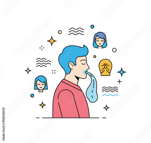 Mental health breathing exercise concept where a person practices deep breathing while small sparkle and wave icons emphasize relaxation, focus, and emotional