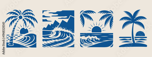 tropical beach vector set featuring palm trees, ocean waves, sunset skies, and island landscapes, crafted in a minimal illustration style suitable for vacation themes, tourism visuals, 