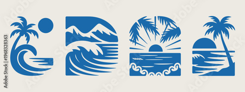 Tropical beach vector set with palm trees, ocean waves, sunset, and island scenes, presented as minimal summer illustrations with clean shapes and balanced composition, ideal for travel, surf