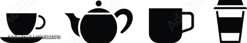 Black icons showing teacup with saucer, teapot with spout handle, mug with handle, and takeaway cup with lid