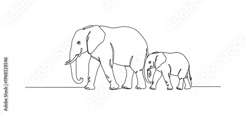 Mother and Calf. Minimalistic one-line drawing baby elephant walking next to adult elephant, continuous single black line on white background, simple outline