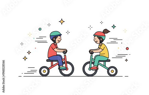Tricycle ride sibling race scene where two children ride tricycles side by side while tiny sparkle and star icons highlight competition, fun, and motion. The