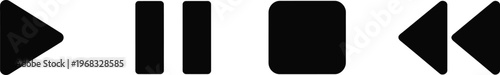 Black icons showing play button triangle, pause bars, stop square, and rewind triangle symbolizing audio video media playback controls