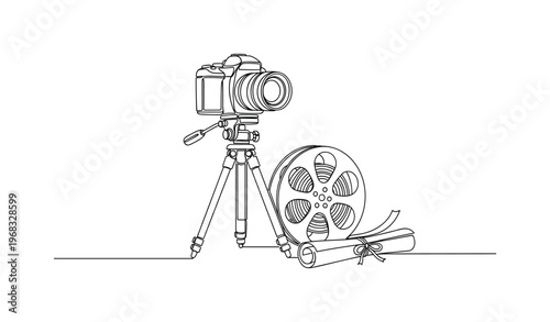 Documentary and Film Production Services. Minimalistic one-line drawing camera on tripod with film reel and script nearby, continuous single black line on