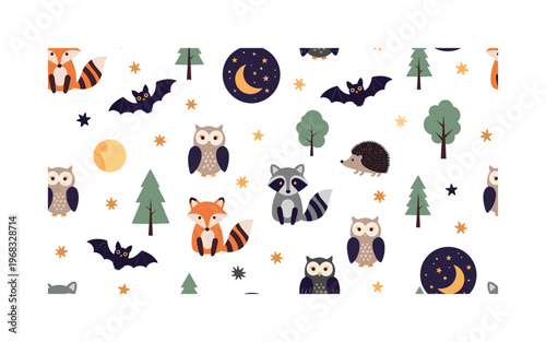 moonlight motifs seamless pattern, repeating pattern, surface design, textile print, modern illustration of nocturnal animals, trees, moon, stars, owls, bats,