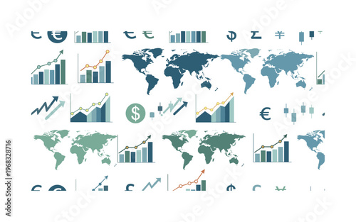global economy seamless pattern, repeating pattern, surface design, textile print, modern illustration of bar graphs, line charts, currencies, stock symbols,