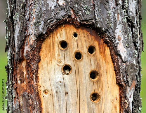Close-up shot of a tree trunk with multiple, perfectly round holes. Weathered bark surrounds the smooth, light-colored wood