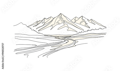Sepia Landscape Drawing. Minimalistic one-line drawing mountains and river scene with warm sepia suggestion, continuous single black line on white background,